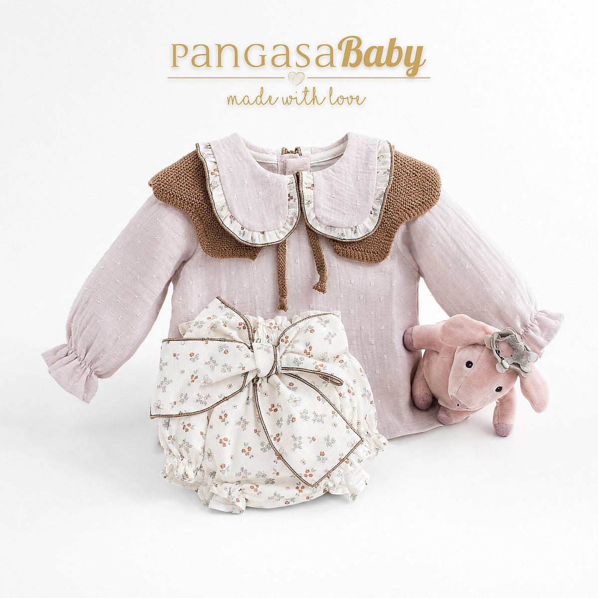 CONJ. BRAGUITA LAZO VINTAGE Y BLUSA PLUMETI ROSA VINTAGE